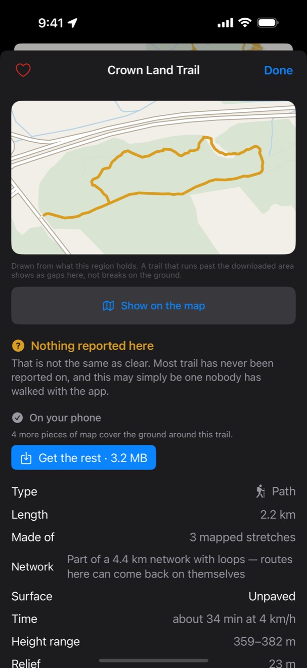A trail detail screen showing shape, length, surface, height range and relief